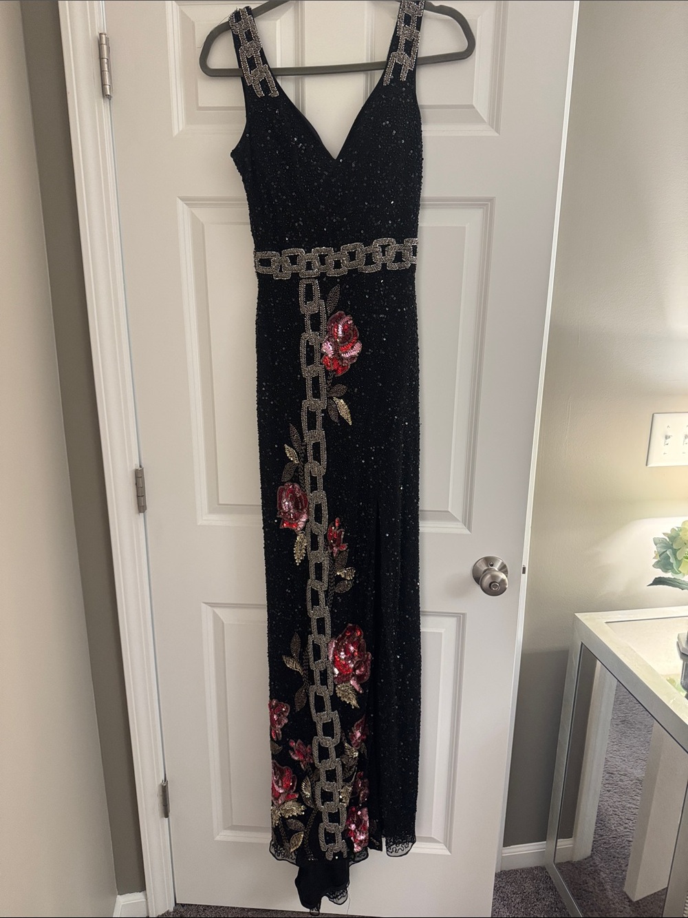 Black Sequin Evening Gown with Red Floral Embroidery